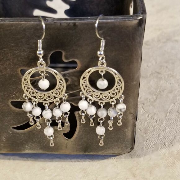 Hand Crafted Natural White Howlite Gemstone Antique Silver Chandelier Earrings - Picture 5 of 5